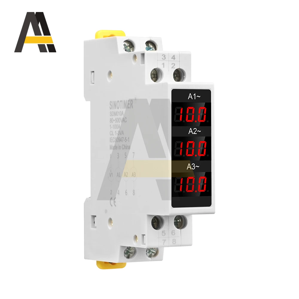 SDM010A Din Rail LED Digital Display Three-Phase Modular Current Meter AC 80-500V 1-100A Indicator Ammeter Gauge with transforme