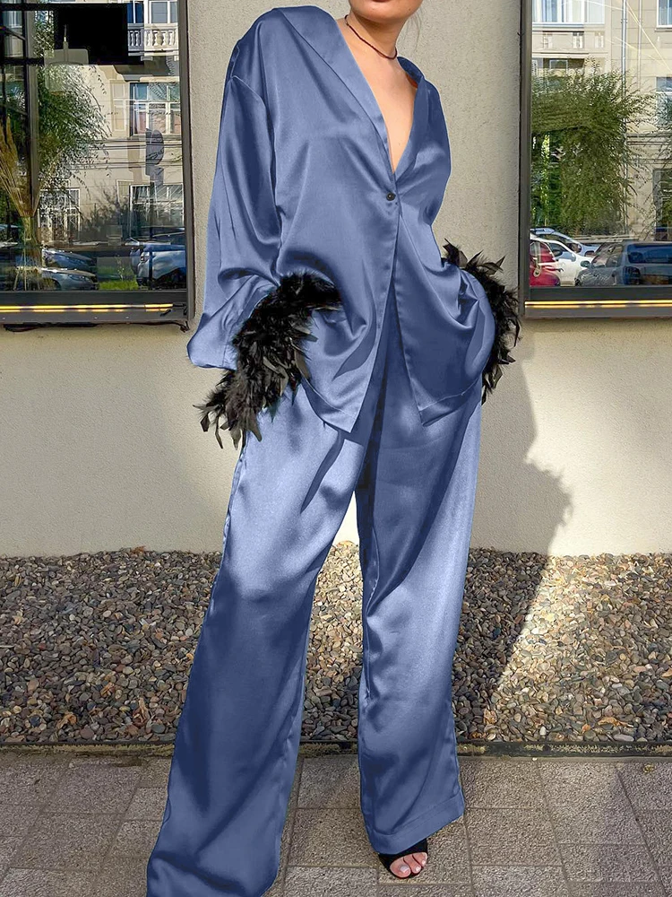 

Hiloc Elegant Blue Plunging Neckline Woman Pajama Suit Feather Cuffs Single Button Long Sleeve Top Outfit Home Pants 2-Piece Set