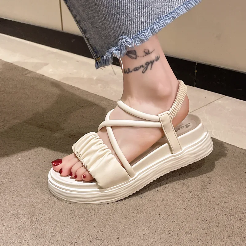 Roman Solid Color Sandals Women Summer New Muffin Thick Bottom Versatile Cross Thin Belt Net Red Beach Casual Shoes Children2023