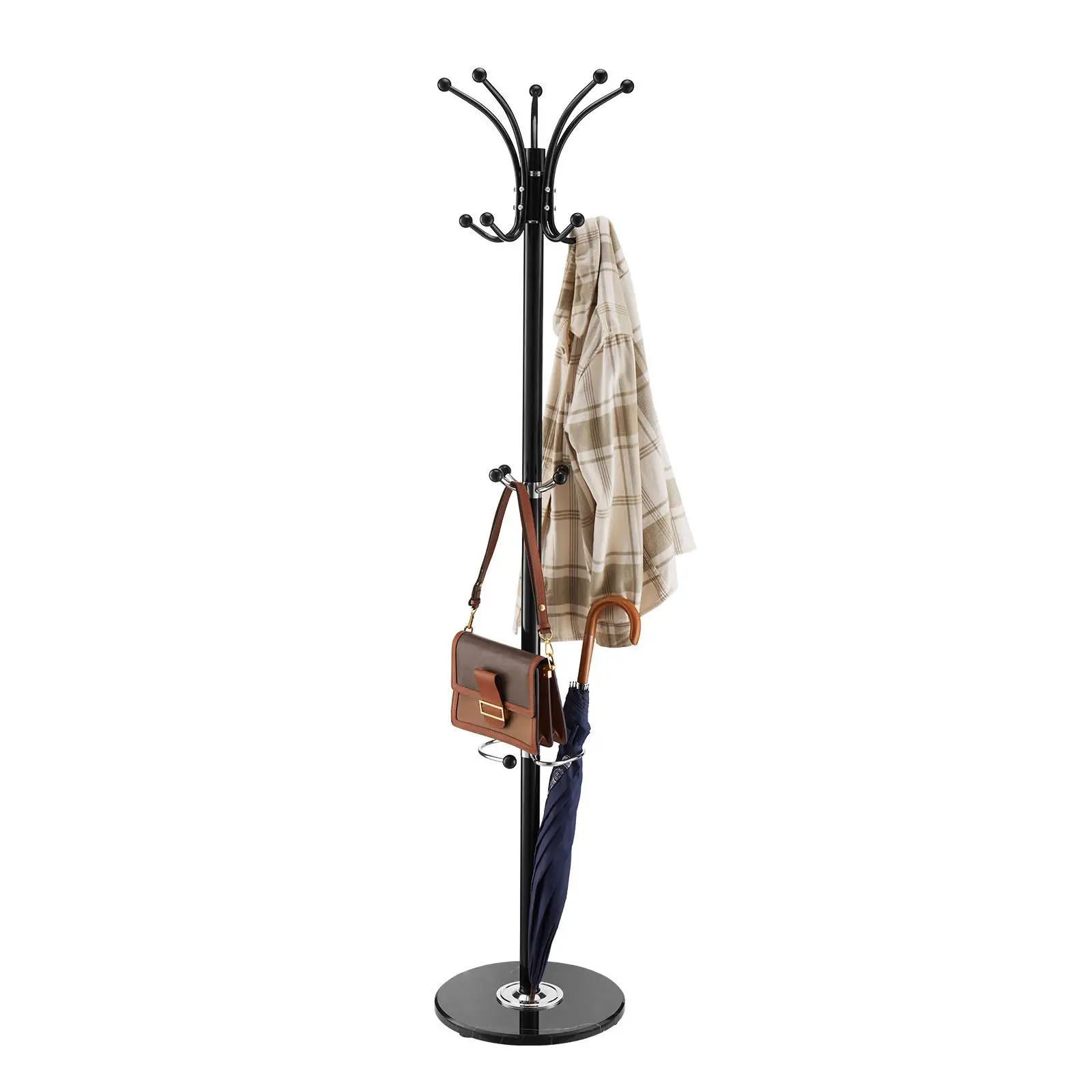

Freestanding Coat Rack Stable Marble Base with Umbrella Holder & 14 Hooks
