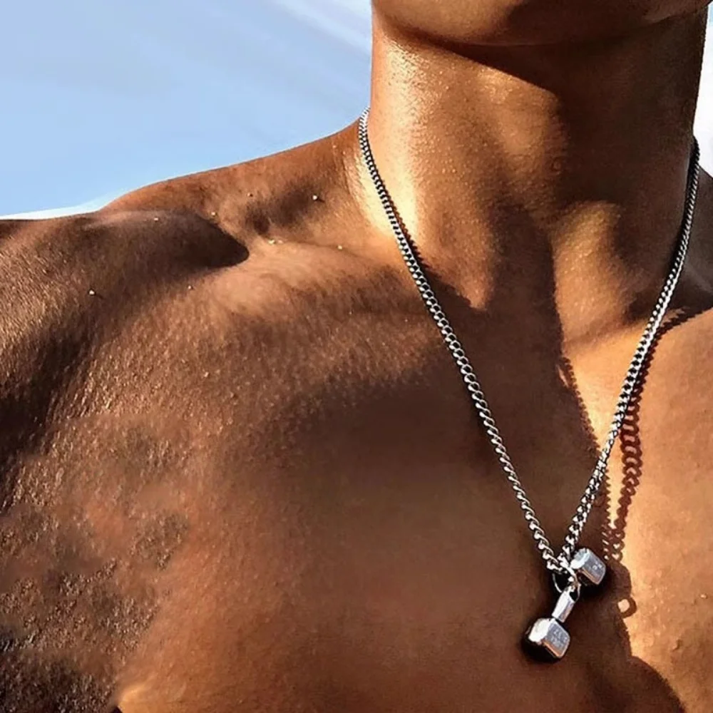 Hip-Hop-Hantel-Anhänger Lange Halskette Retro Silberfarben Edelstahl Herrenhalskette Einfache Pulloverkette Schmuck – Detail 1