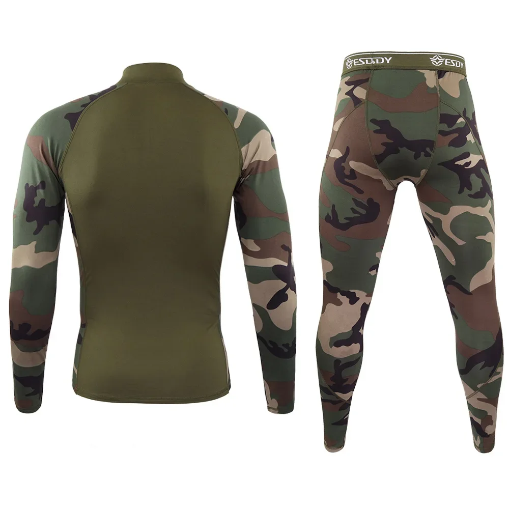 ESDY Camouflage underwear Men\'s standing collar sports fitness suit Outdoor tactical training Hiking travel fleece thermal unde