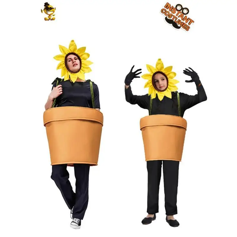 Halloween-Blumentopf-Kostüm für Erwachsene, Cosplay Sonnenblumen-Pflanztopf-Kostüm mit Kopfschmuck für Garten-Themenparty