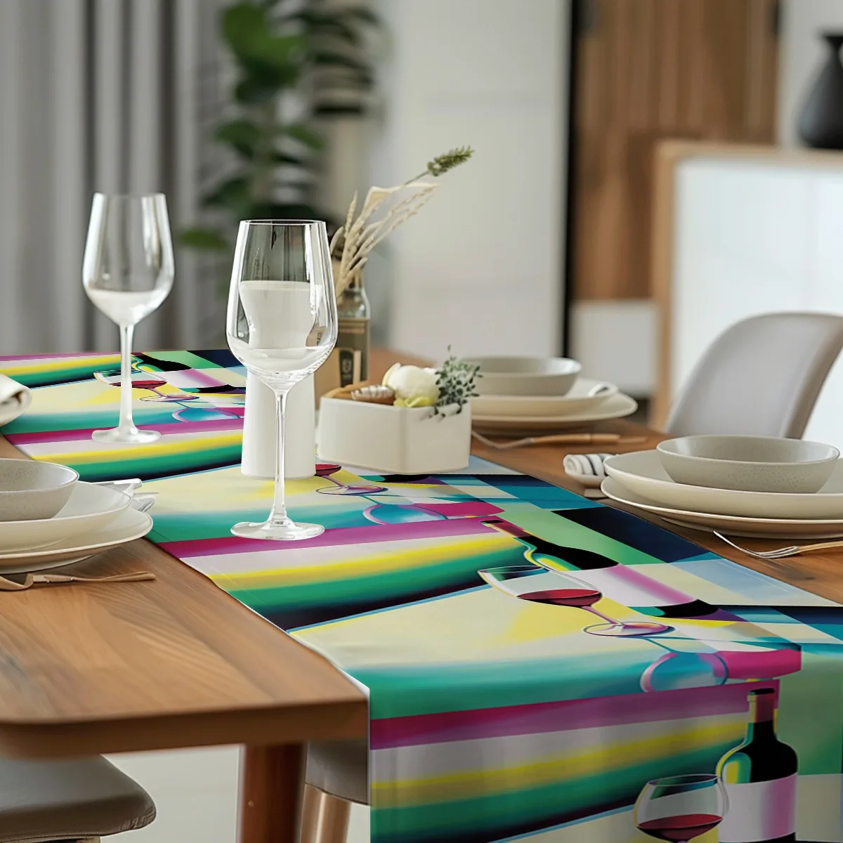 print table runner Abstract Wine Bottle and Glass Geometric Print Long cloth for Weddings Elegant Home Decor accessories,home Du