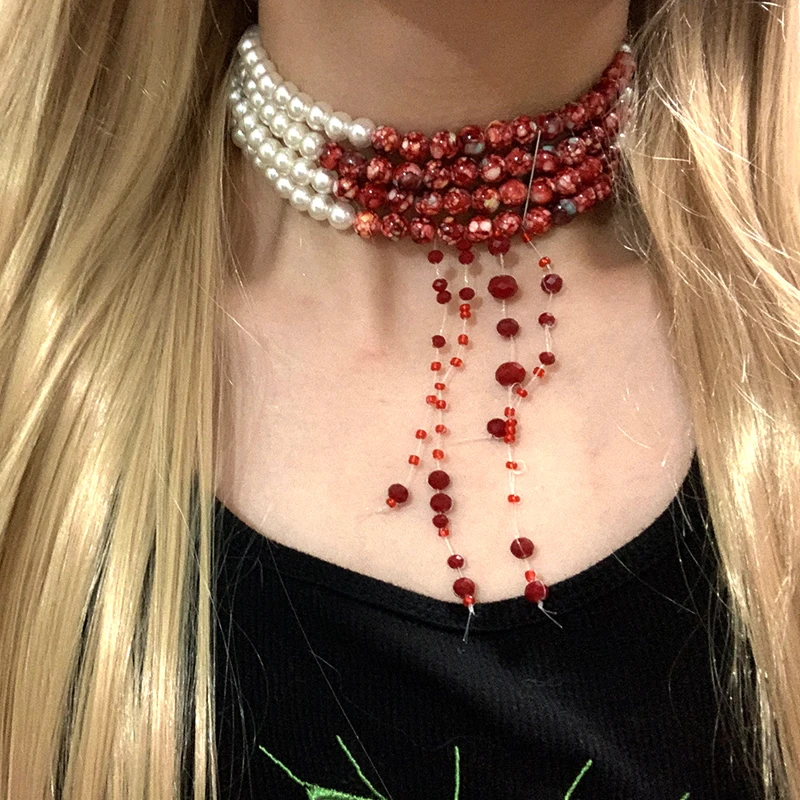 Halloween Faux Pearl Blood Tiered Necklace Goth Jewellery Blood Drop Tassel Choker Women Grunge Rock Egirl Accessory Aesthetic