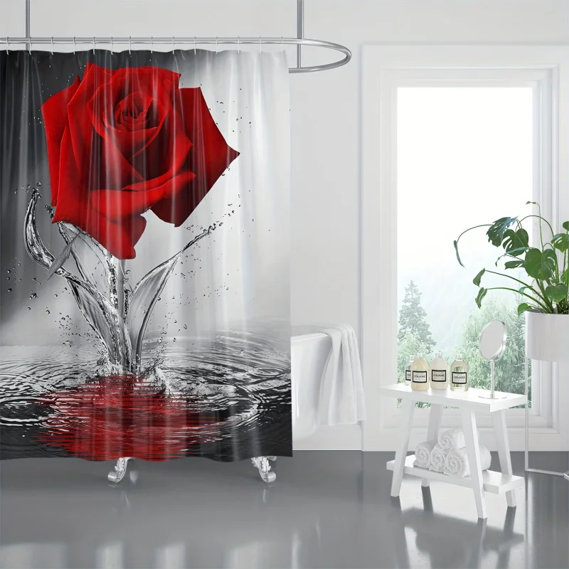 4PCs Red Rose Water printed set, waterproof shower curtain with 12 hooks, non-slip rug, toilet lid cover pad and