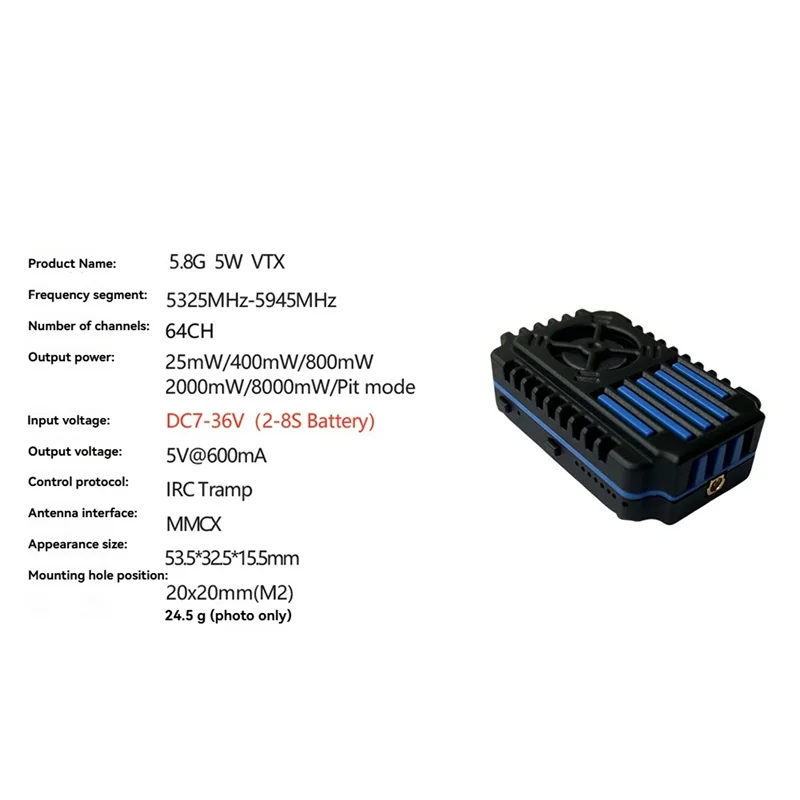 

ABWE-5.8Ghz 5W VTX 96CH FPV Video Transmitter Wireless VTX Module High Power With Antenna For FPV Long Range RC Drone