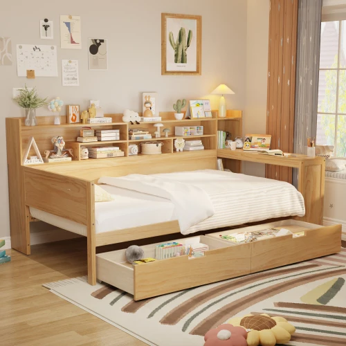 #Modern Solid Wood Full/Queen Size Daybed With Storage Shelves Two Storage Drawers Desk-Eco-Friendly & Durable Bedroom