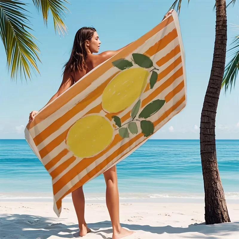 Hand Drawn Lemon Orange Stripe Beach Towel Warm Citrus Fruit Pattern Sand-Free Fast Drying Soft Towel Cozy Summer Travel Towel