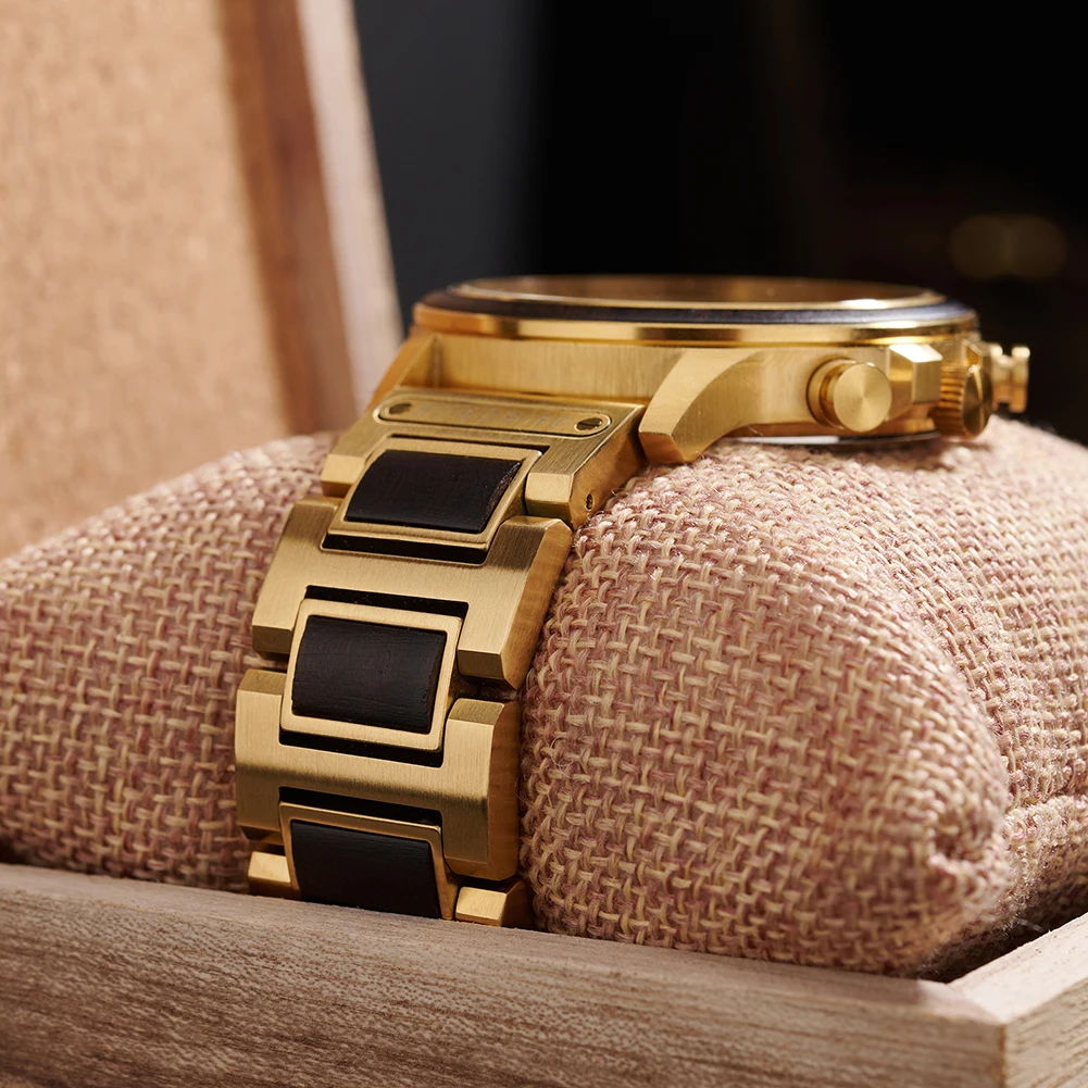 BOBOBIRD Orologio da uomo color dorato Movimento al quarzo giapponese Cinturino in legno di ebano e cassa in acciaio inossidabile Logo personalizzato Marchio o nome