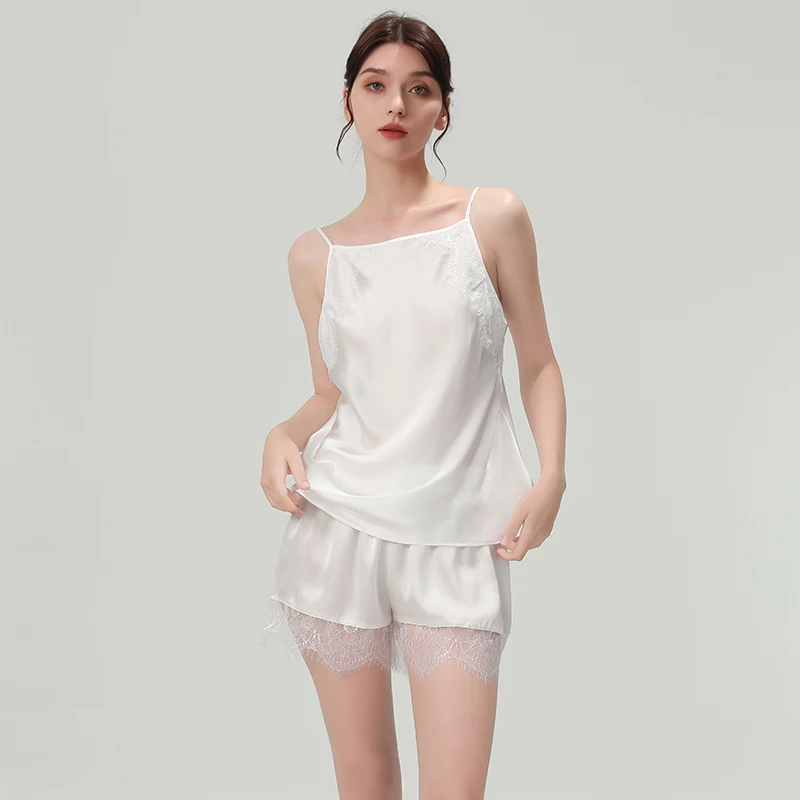 

19 мм комплект камзола из 100% натурального шелка, шорты без рукавов с кружевной отделкой, пижама, женский жилет, топ, одежда для сна, летняя домашняя одежда, пижамы, ночная рубашка