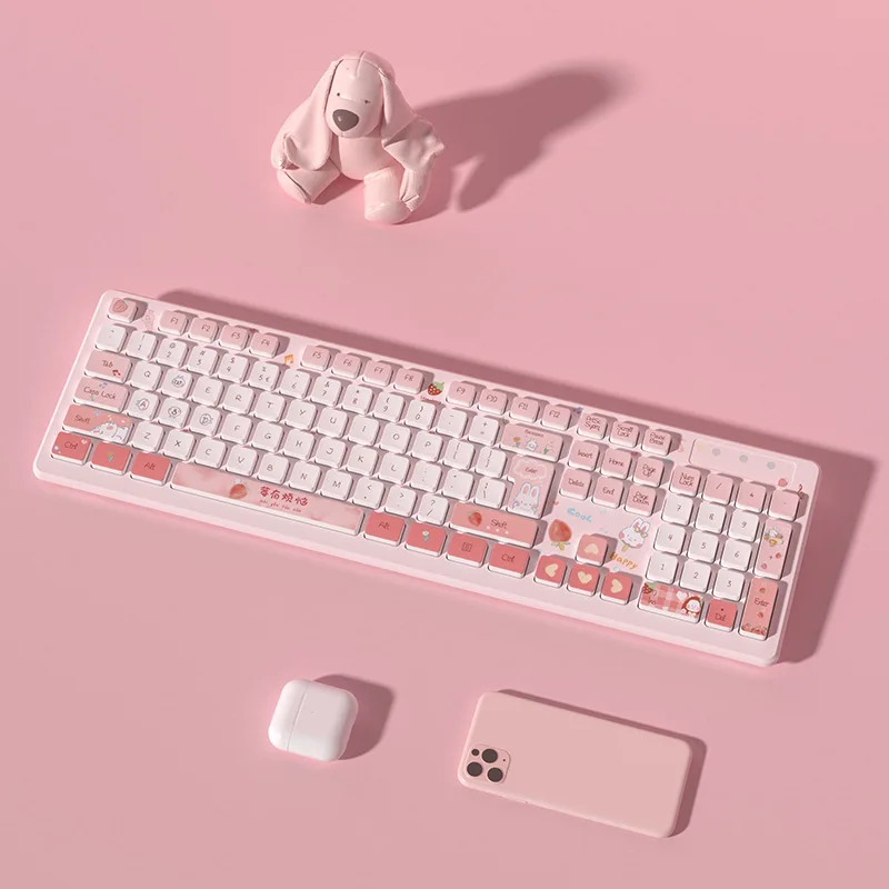 

No Worries Series Strawberry Pink Wired Keyboard Laptop Desktop Computer Wireless Keyboard Cartoon Cute Chocolate Keyboard