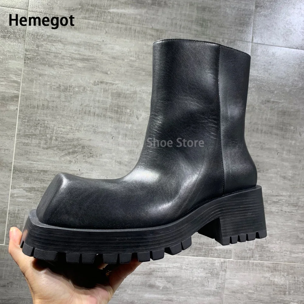 Black Large Square Toe Thick-Soled Chelsea Boots for Men In Autumn and Winter Men and Women New Leather Short Boots Rain Boots