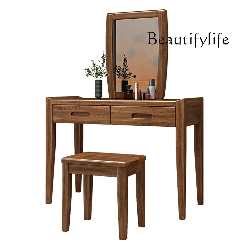Meja Rias Kayu Solid Walnut 2 Laci Set Meja Rias Cermin Sederhana Bangku Laci Meja Rias Kamar Tidur Kayu