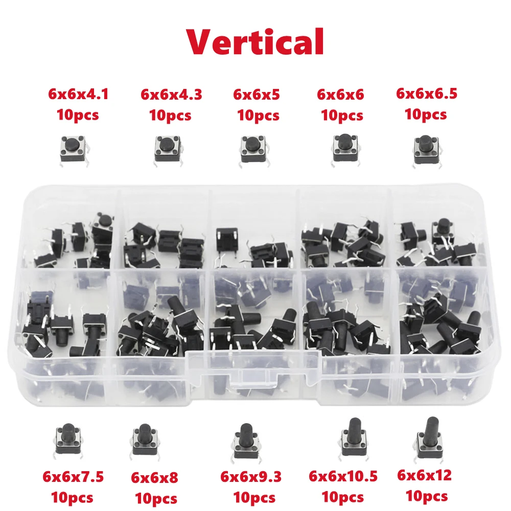 100 PCS 10 Models 6*6 Tact Switch Tactile Push Button Switch Kit Height: 4.1 5~12MM DIP 4P Micro Switch 6x6 Key Switch