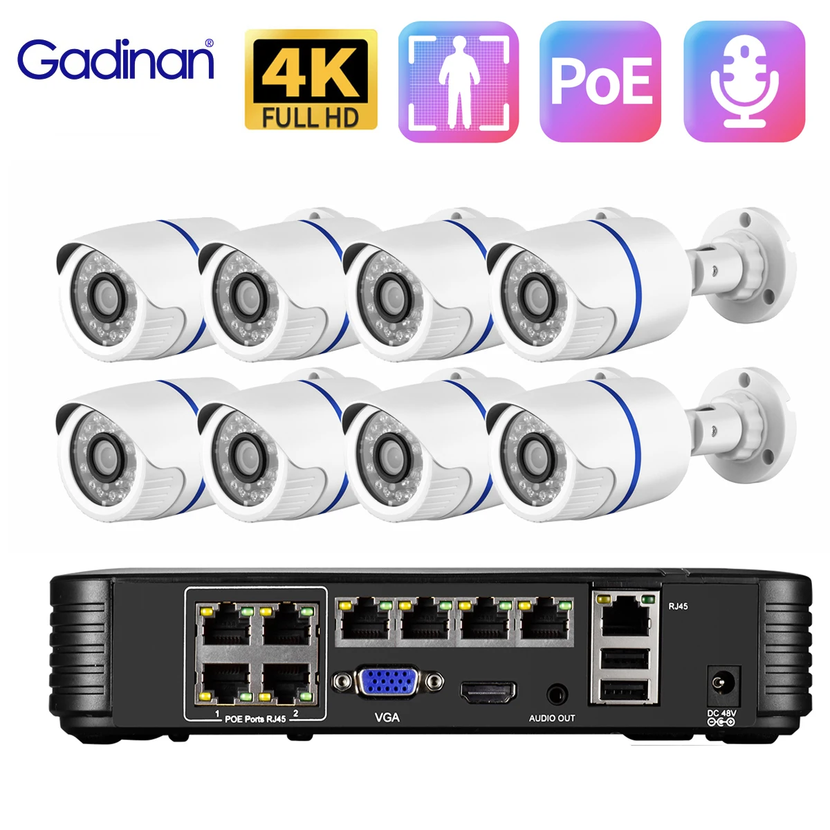 Gadinan Outdoor Home Audio Surveillance Camera 8MP 4K POE NVR Kit Ai Human Detection Security Camera System CCTV Video Record