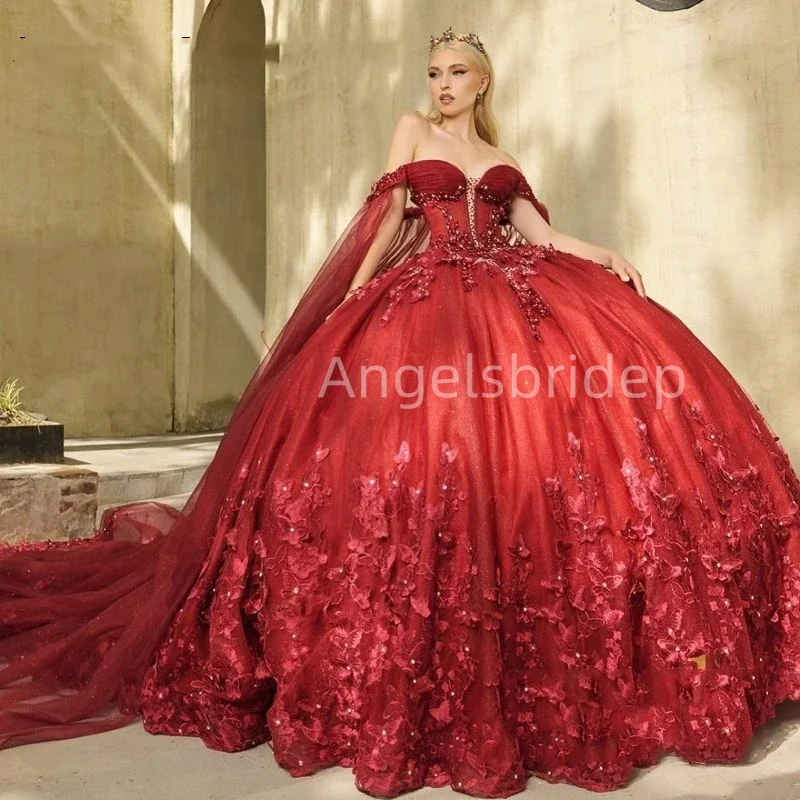 Angelsbridep vestido De baile De princesa burdeos, Vestidos De quinceañera con apliques 3D, capa con cordones, vestido De fiesta De graduación