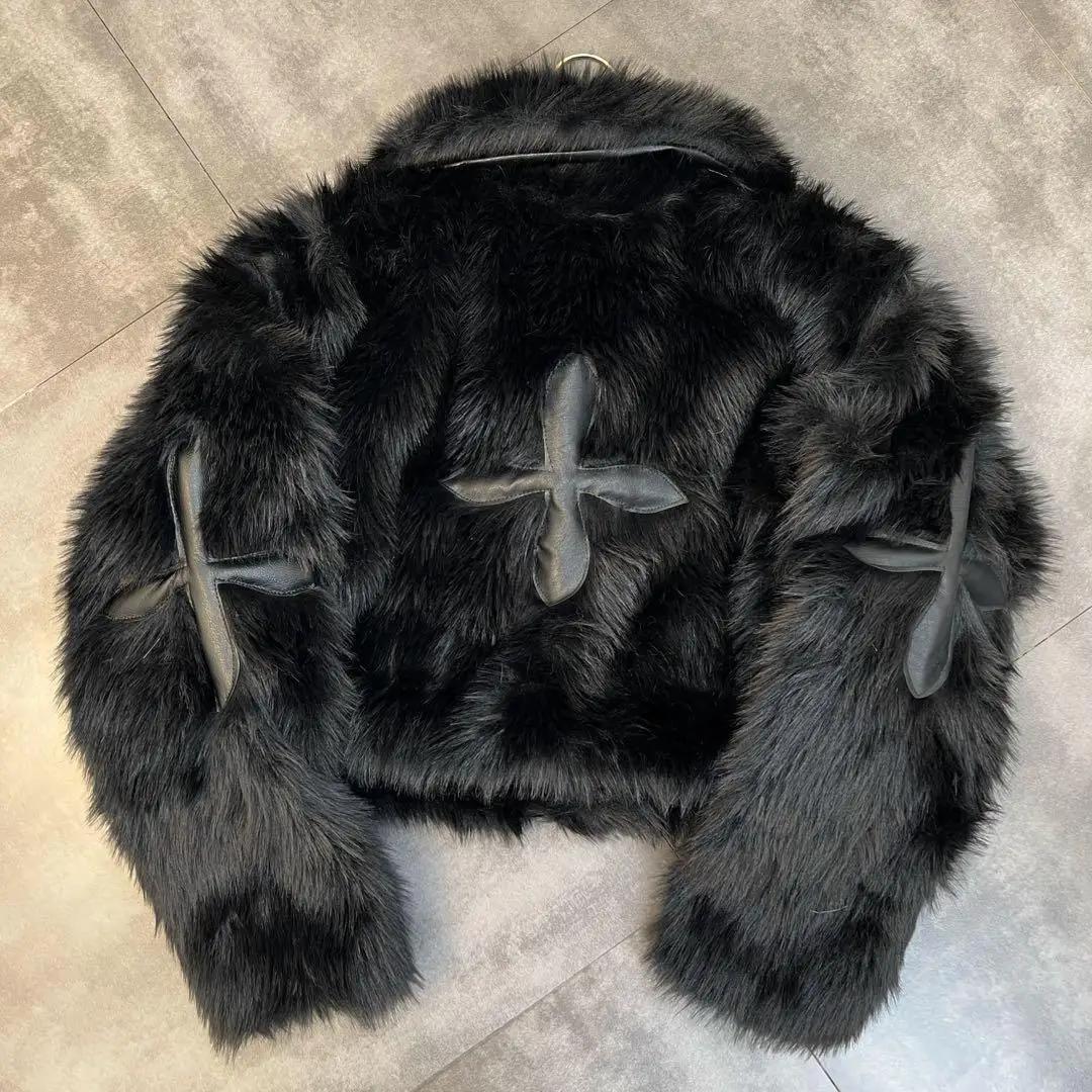 2024 Winter Women Cotton Jacket Lapel Long Sleeve Patch Cross Short Fur Coat Black