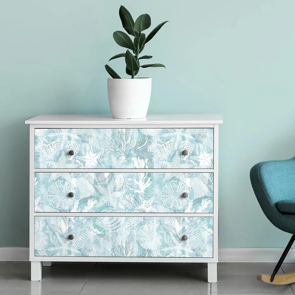 ورق جدران كوستالي أزرق وأبيض بتصميم صدف ونجمة وأسماك - جدار سهل اللصق وقشر بطابع المحيط المسبق