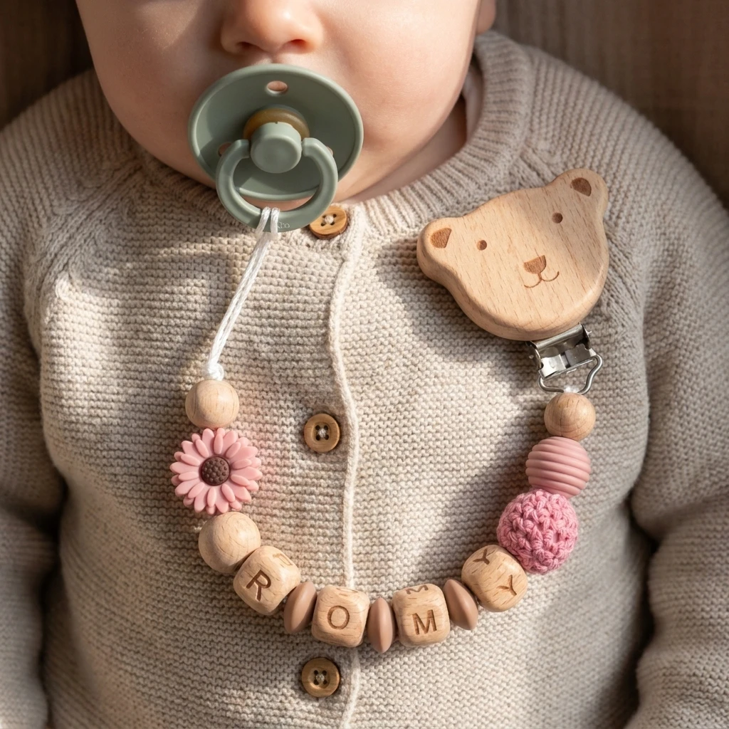Custom Name Pacifier Clip Personalized Baby Dummy Clip Wooden Bead Pacifier Chain Bear Clip Crochet Ball Flower Baby Shower Gift