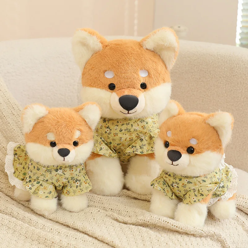 Kawaii Spring Floral Skirt Shiba Inu Plush Doll Ruffle Lace Dress Fluffy Chubby Dog Stuffed Toy for Gifts.