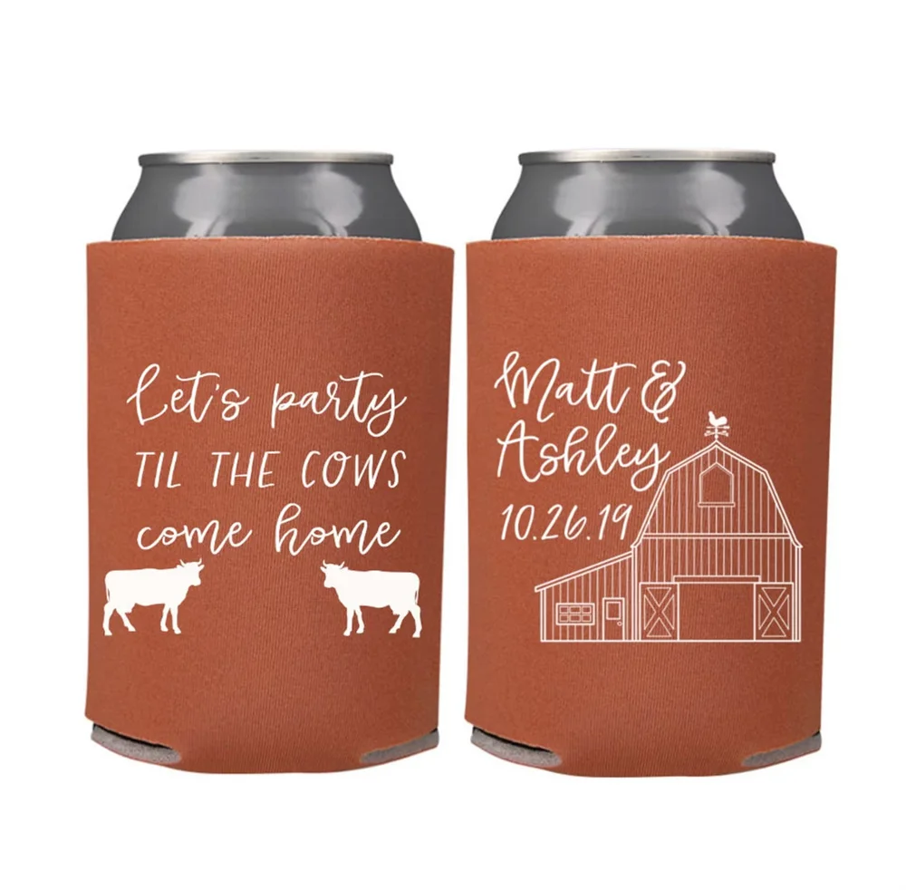 

Wedding Favors - Let's Party til the Cows Come Home Barn Farm Rustic Wedding Can Coolers, Southern Wedding Favors, Country Weddi