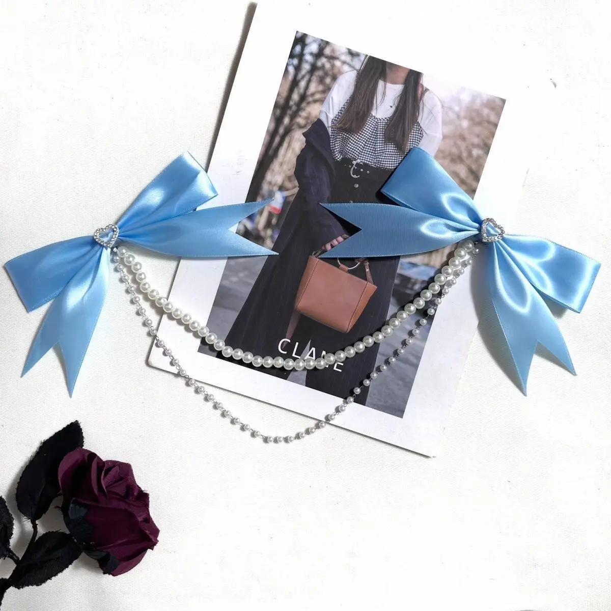 Lolita Ita Bag Bow Pearl Necklace Hand Made Double Layer Chain Ribbon Knot Bag Charm Itabag Decorative Chain