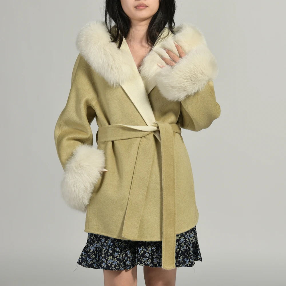 Jxwatcher 양면 울 코트 리얼 폭스 퍼 2025 가을 겨울 패션 후드 코트 여성 패션 루즈 스타일 재킷 신상품