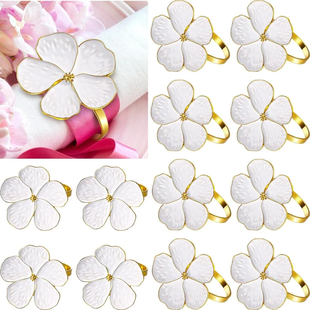 Patelai 36Pcs White Flower Napkin Rings Set,Holiday Gold Napkin Ring Holder Floral Serviette Buckles Wedding Party Banquet