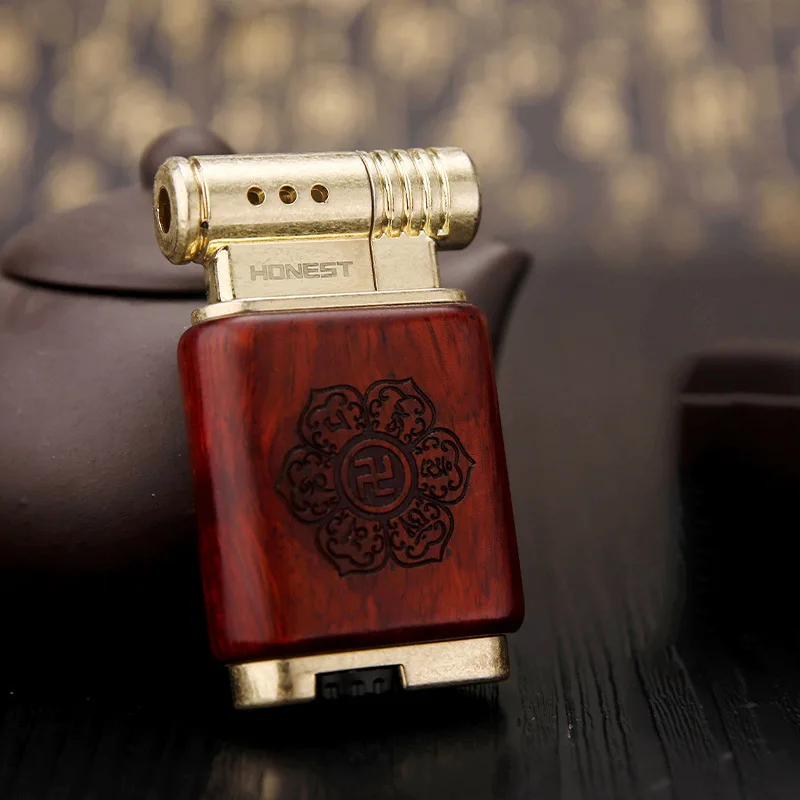 New Sandalwood Gas Lighter Creative Personality Retro Open Flame Wooden Shell Pipe Lighter High Quality Gift Collection