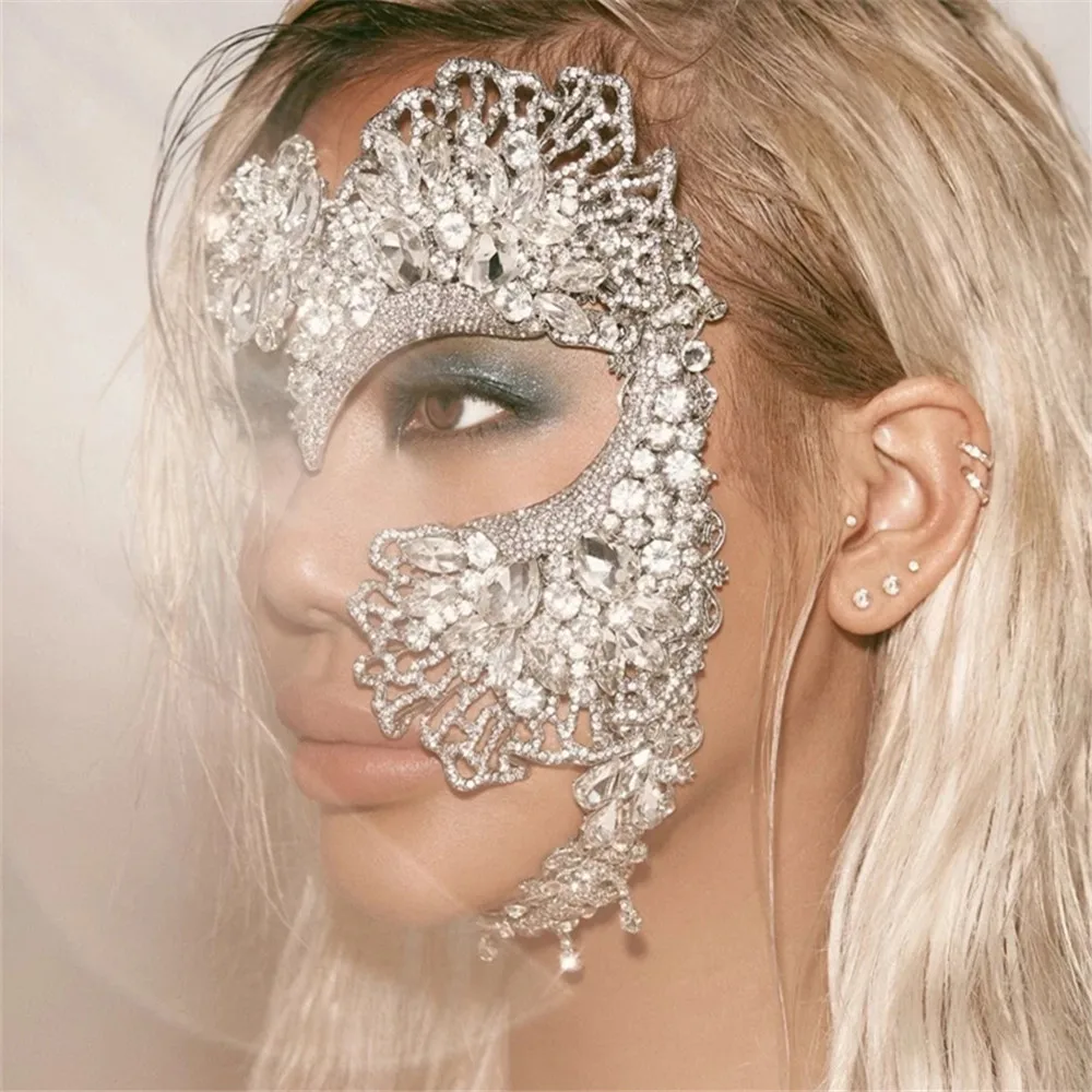 

Stunning Rhinestone Zircon Cover Eye Face Half Mask Head Wedding Jewelry for Women Crystal Halloween Masquerade Mask Decoration