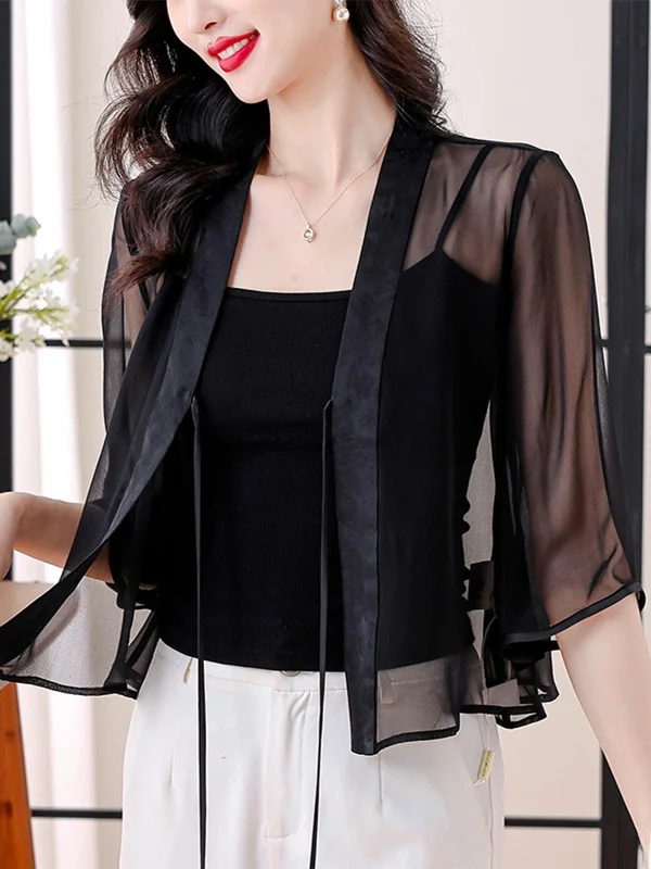 

Bla Silk Chiffon Outerwear Cardigan Women's Summer Dr Ice Silk Top V-ne Seven-sve Loose Fit Korean Sle