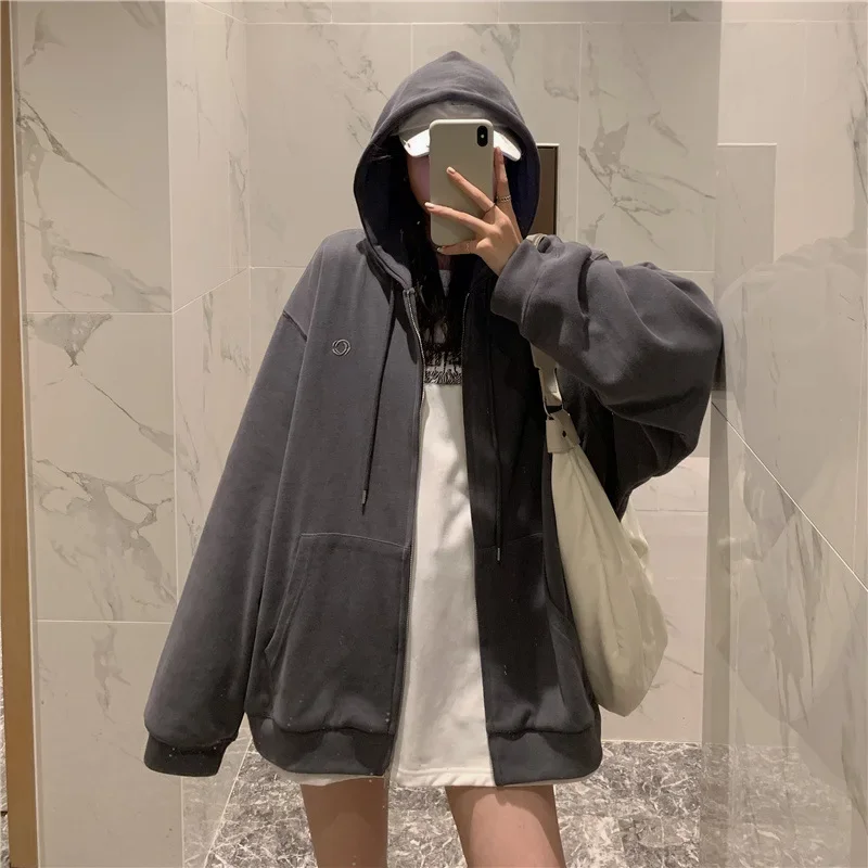 Y2k Women Casual Zip Up Oversized Hoodie Sweatshirt Female Streetwear Hooded Zipper Harajuku Sweat Shirt Top Clothes Korean