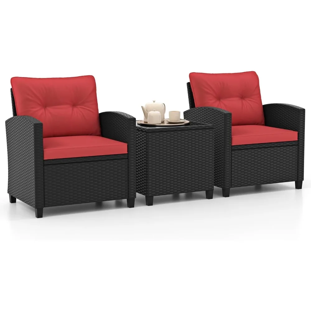 

3-piece Willow Terrace Dialogue Set, PE Vine Bar Sofa Set, with Tempered Glass Coffee Table and Washable Cushions