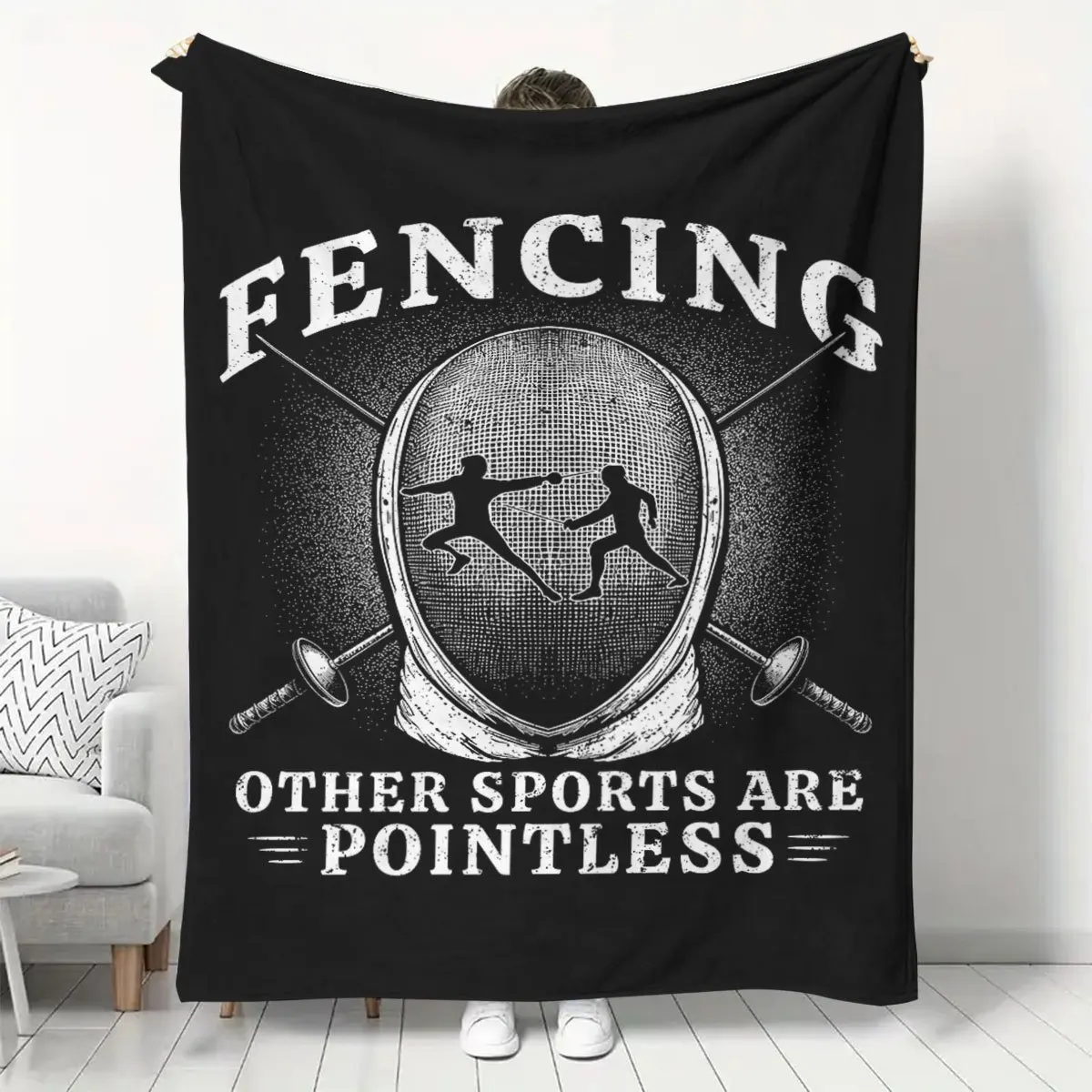 Funny Fencing Sports Quote Throw Blanket for Home Decor Gift for Athlete Swordsmen Mens Room Decoration Championship Sport Lover