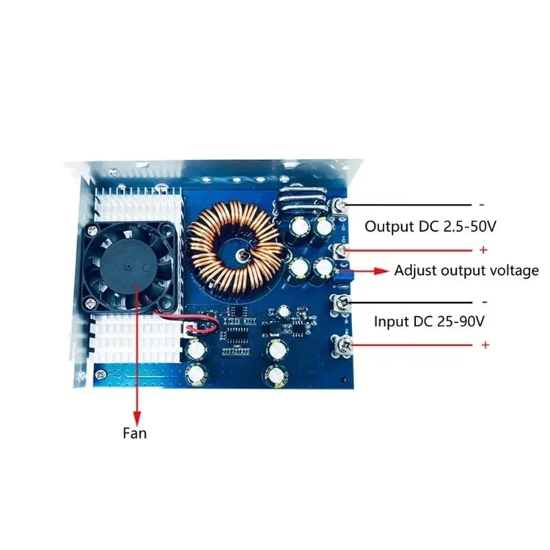 cross-borde DC-DC 50A Step Down Power Supply Module 25V-90V to 2.5V-50V Adjustable Buck Voltage Converter With Heat Sink and Fan