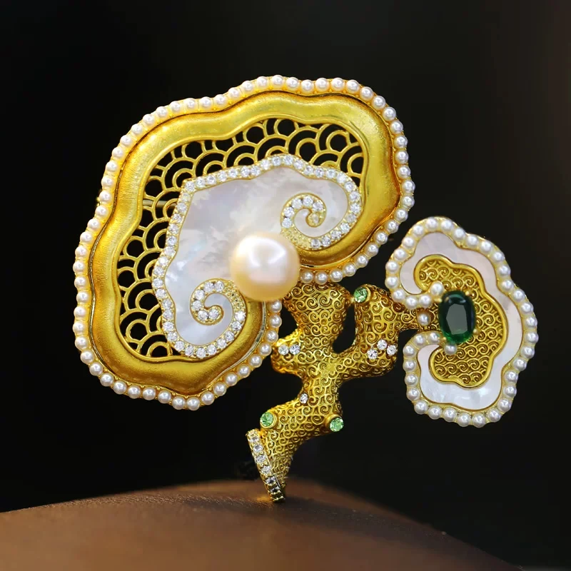 

OKILY этнические полые благоприятные облачные узоры, броши Ganoderma Lucidum, натуральные рябчатые элитные булавки в стиле ретро для женщин, брошь