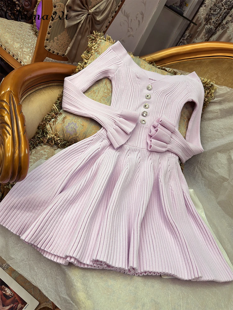 Primavera e verão nova moda rosa magro elegante vestido de malha high-end diamante fivela ombro sexy luxo curto vestido de festa