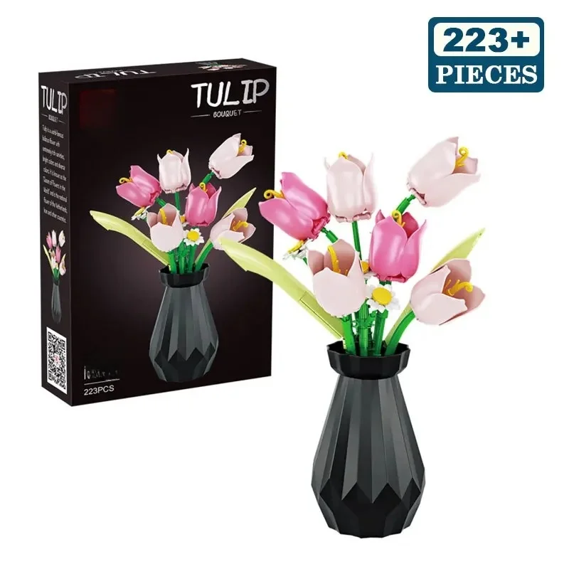 

Строительные блоки MOC, цветочные блоки в виде букета тюльпанов, модель растения бонсай, романтическая игрушка для украшения дома своими руками, подарок для детей