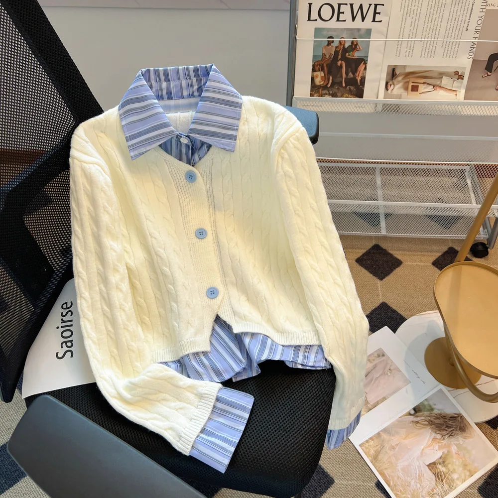 

Striped Shirt Collar Sweater Women's Spring Autumn Two-piece French Style Spliced Knitted Jacket Elegant Single Breasted Top