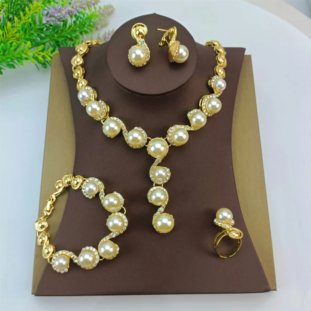 EMMA Women Trendy Artificial Beads Jewelry Set Gold Plated Ladies Necklace Bracelets Earrings Ring For Daily Wear