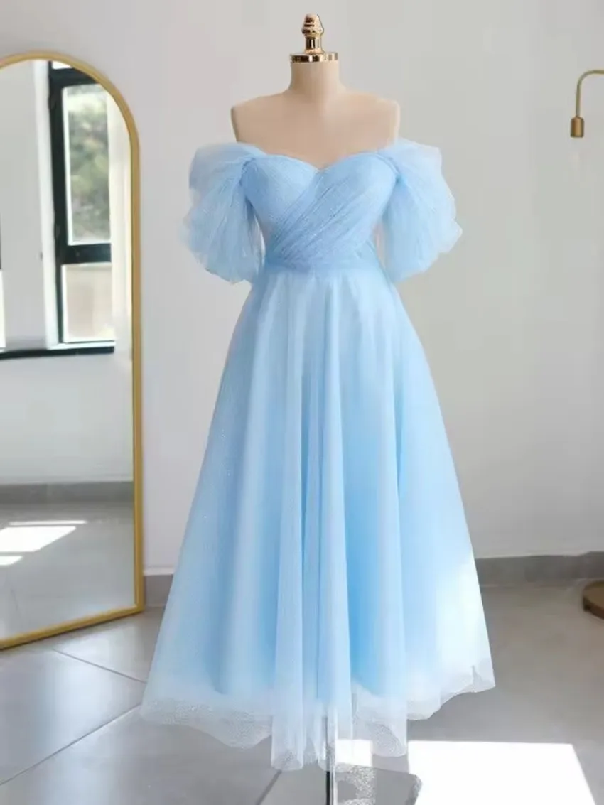 

Sky Blue Tulle Ball Dress Off Shoulder Sleeve A-line Tea Long Graduation Dress Special Event Party Evening Dresses Customized