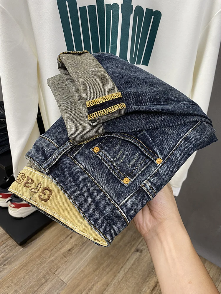 

Повседневные джинсы мужские осенне-зимние новые стильные с флисовой утепленной мужской одеждой эластичные облегающие модные брюки на маленькой ноге