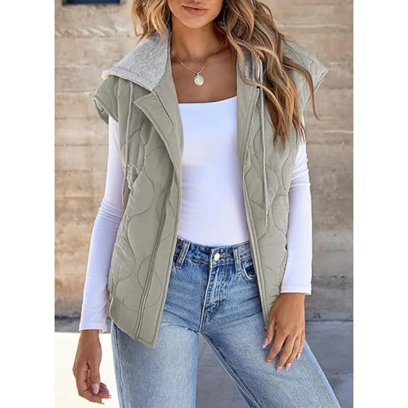 2025 Hot Autumn New Color Matching Sleeveless Jacket Women Simple Versatile Drawstring Hooded Vest Women