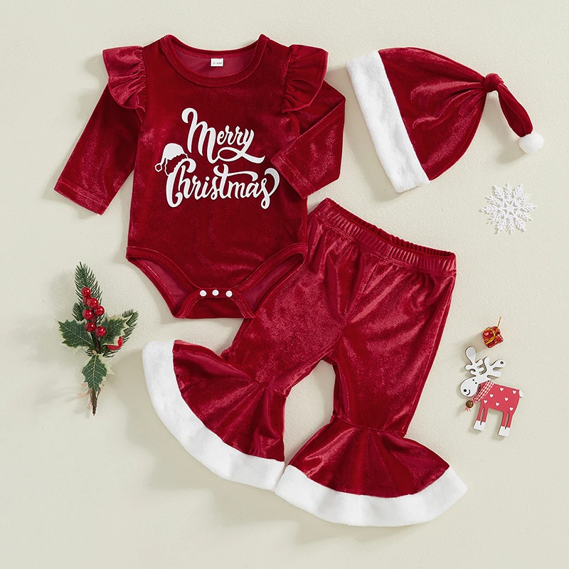 Suefunskry Toddler Baby Girl Christmas Outfits Letter Print Long Sleeves Jumpsuit with Flare Pants and Hat Cute Fall 3 Pcs Set