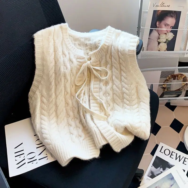 Women's 2026 Autumn Winter Korean Dongdaemun Cable Tie Cardigan Round Neck Sweet Bow Sleeveless Knit Vest Chic Coquette Trendy
