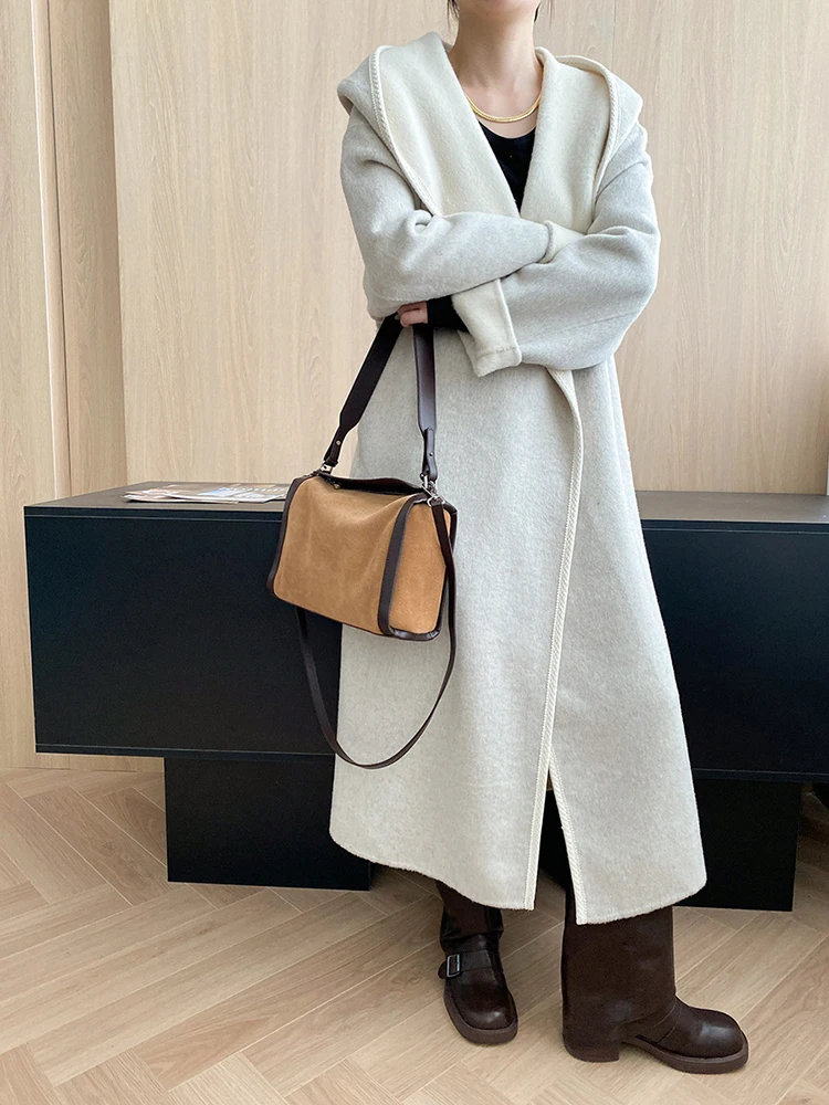 YERMORA Nero Patchwork Cintura Casual Cappotto di Lana Per Le Donne Con Cappuccio Manica Lunga Allentato Nuovo Cappotto Moda Marea Estate Inverno 2025