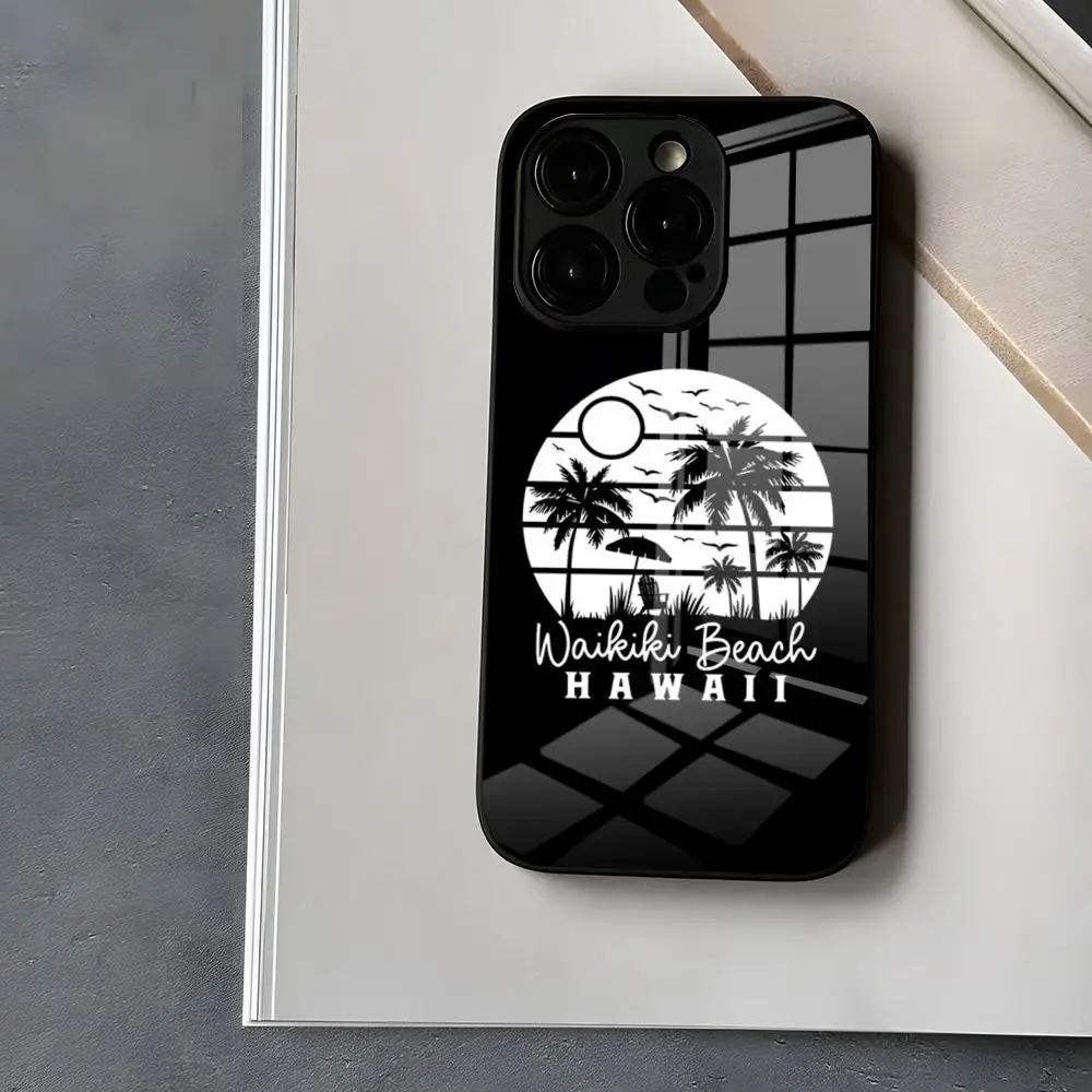 Waikiki Beach Hawaii Family Vintage Sunset Phone Case  for Iphone 15 13 12 14 11 Pro Max Mini X Xr Xs 8 7 Puls 6 glass cover