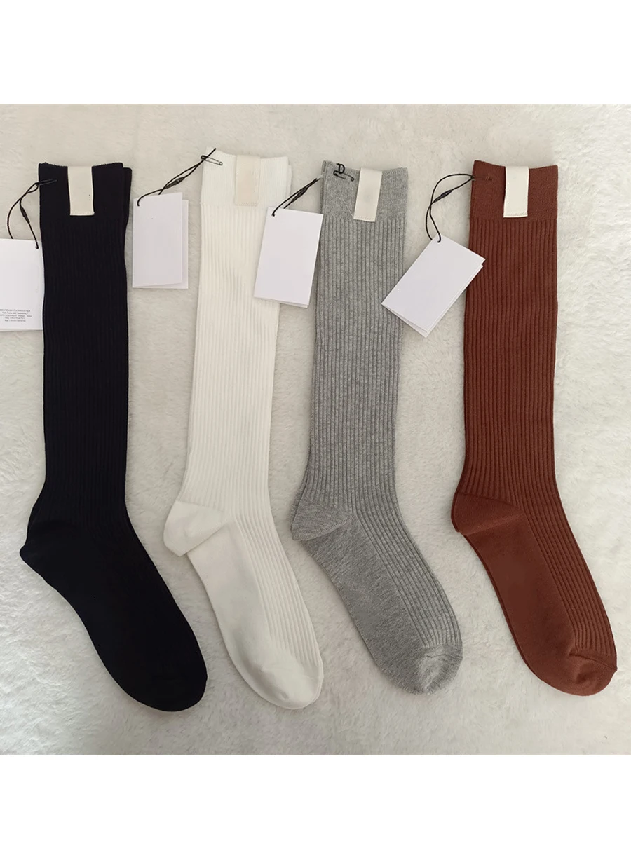 New Style Solid Color Leg Shaping Cotton Socks Double Needle Cloth Label Knee High Fashion Socks Mid-Tube Ladies Calf Socks