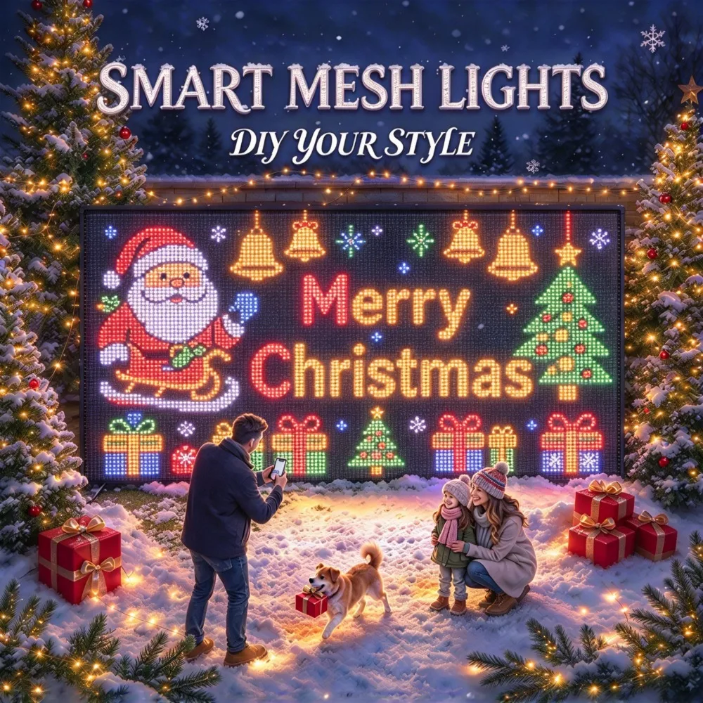 Smart Christmas Net Lights APP DIY Custom Pattern RGB LED Curtain Light for Holiday Birthday Party Xmas House Garden Decor